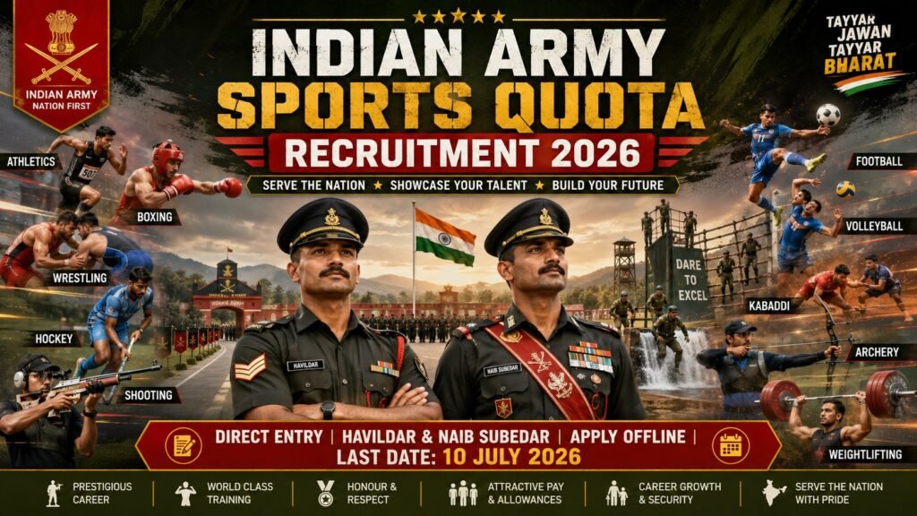 Indian Army Sports Quota Recruitment 2026: Direct Entry Havildar & Naib Subedar (Sports) – Apply Offline